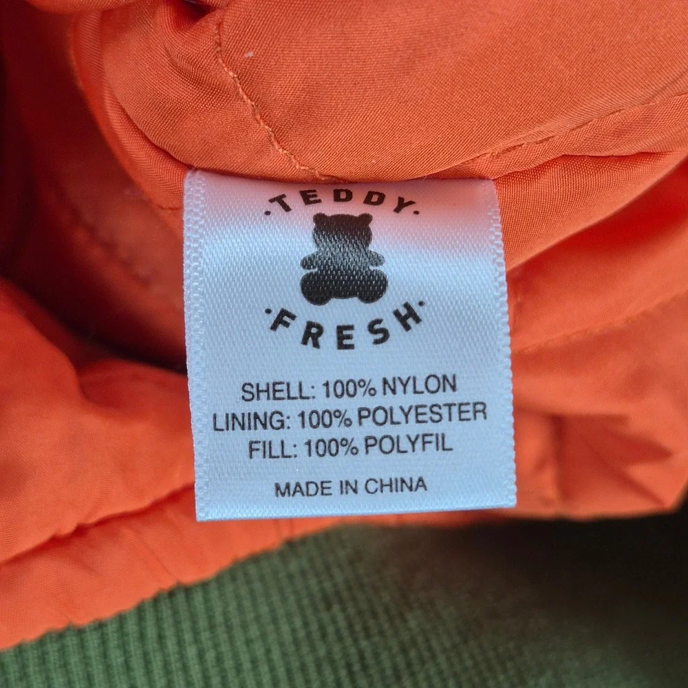 Teddy Fresh Bomber Jacket Mens XL Green Orange Flame‎ Print Streetwear